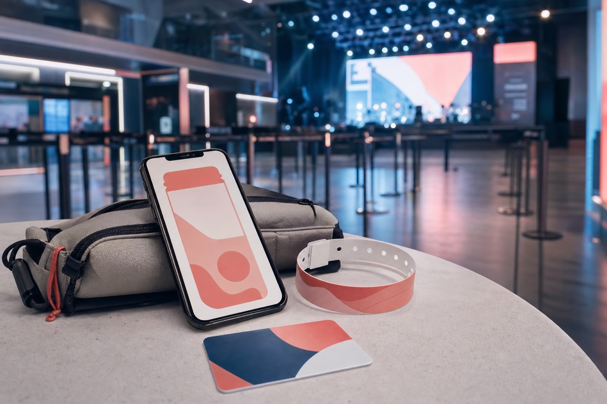 Abstract mobile ticket, wristband, and small bag at an event venue