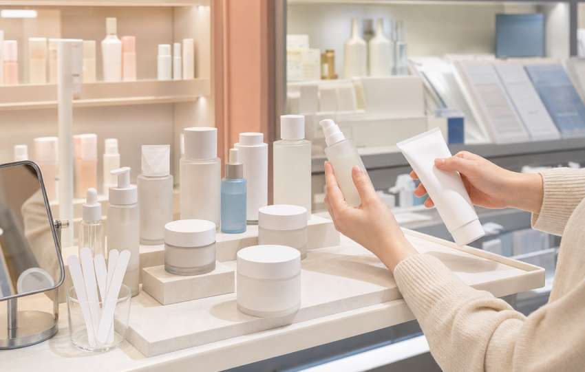 Shopper comparing unbranded skincare products at a beauty counter