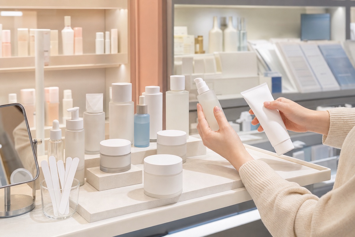 Shopper comparing unbranded skincare products at a beauty counter