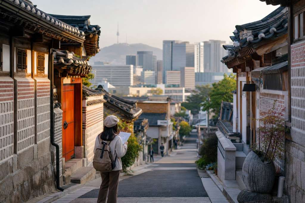 Traveler with a map in a Seoul hanok neighborhood