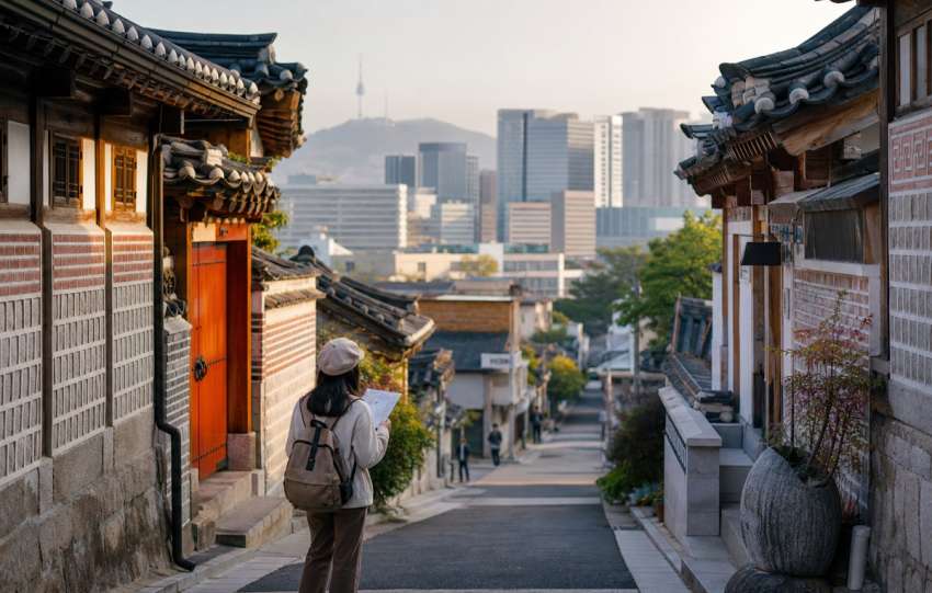 Traveler with a map in a Seoul hanok neighborhood