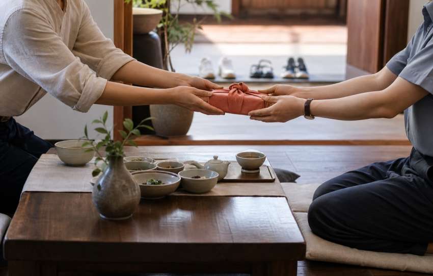 Two people exchanging a wrapped item with both hands in a home