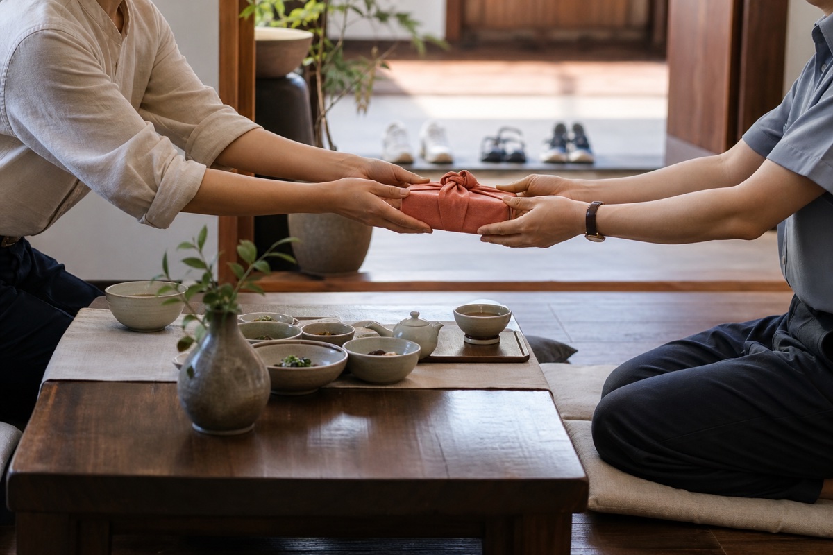 Two people exchanging a wrapped item with both hands in a home