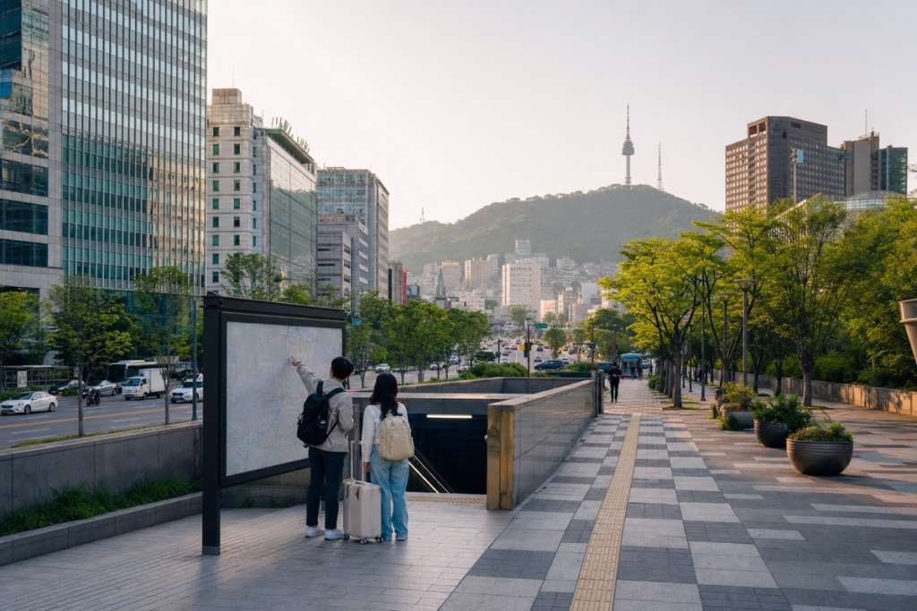 Travelers checking a map near a Seoul transit entrance