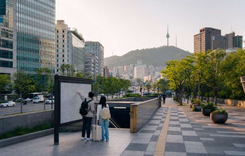 Travelers checking a map near a Seoul transit entrance