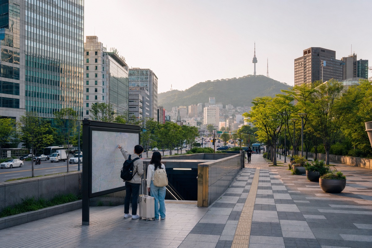 Travelers checking a map near a Seoul transit entrance
