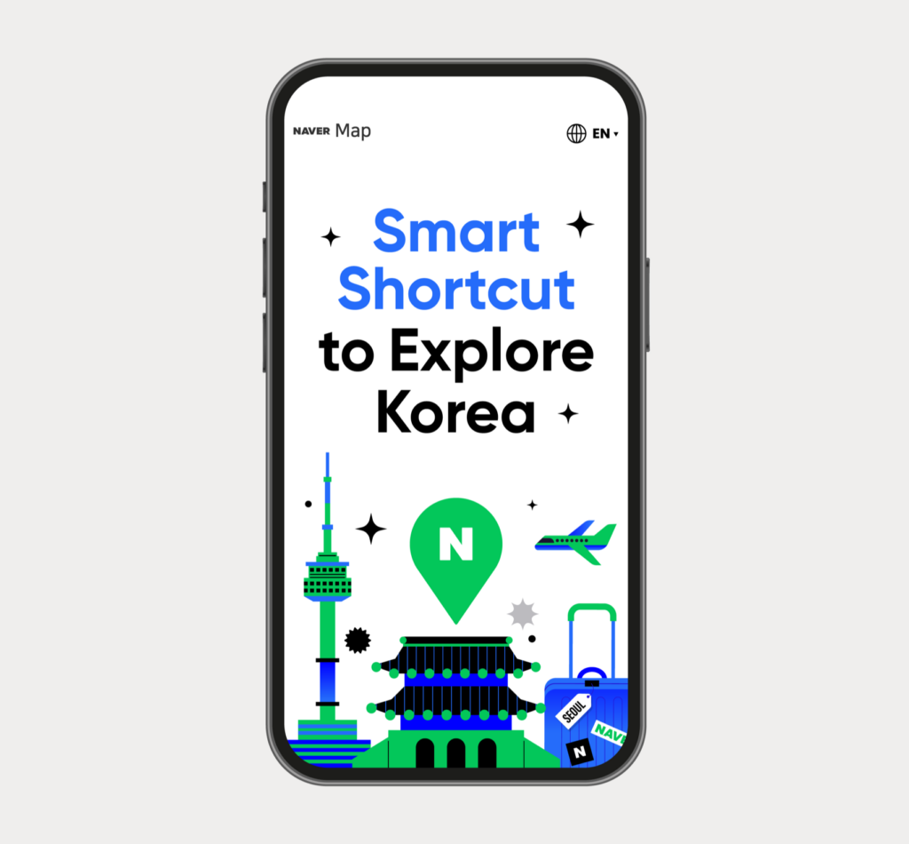 NAVER Map foreign-visitor guide on a phone, showing the English language setting and the phrase Smart Shortcut to Explore Korea