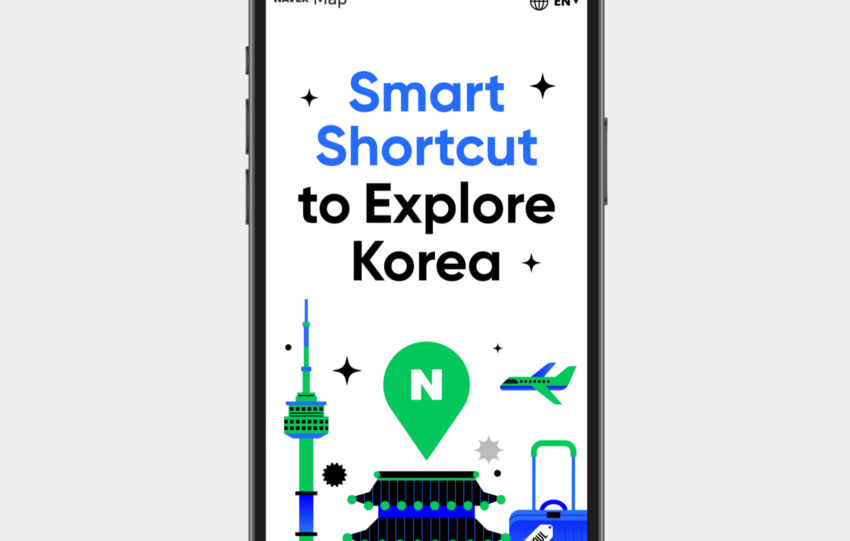 NAVER Map foreign-visitor guide on a phone, showing the English language setting and the phrase Smart Shortcut to Explore Korea