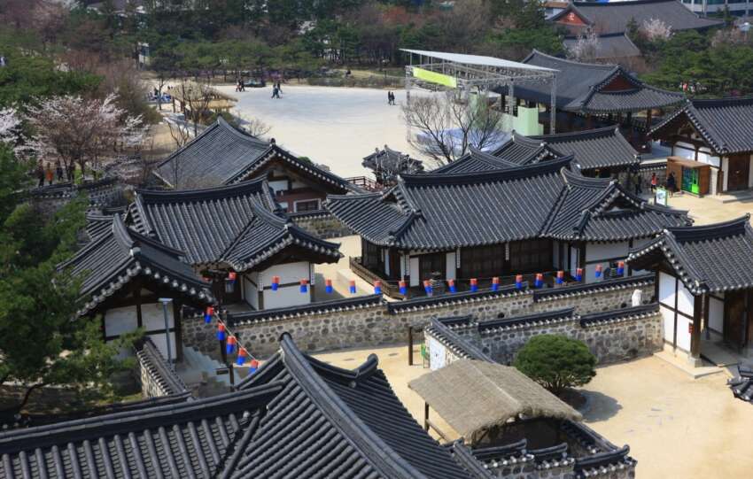 Traditional tiled roofs at Namsangol Hanok Village in Seoul
