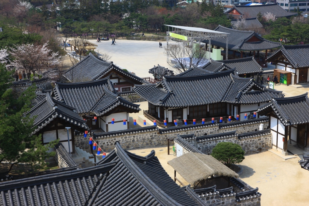 Traditional tiled roofs at Namsangol Hanok Village in Seoul